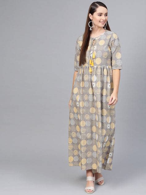 Grey multi colored Printed Maxi dress with keyhole neck & half sleeves ...