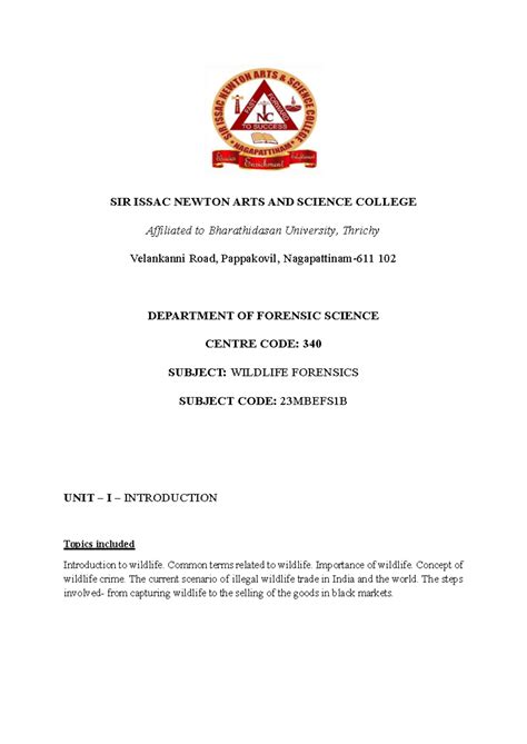 Wildlife Forensics Unit I: Introduction to Wildlife Crime and ...