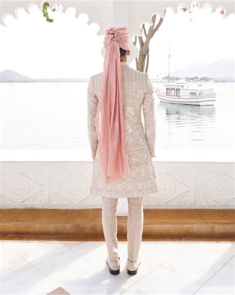 Buy Designer White Raw Silk Men Sherwani Set