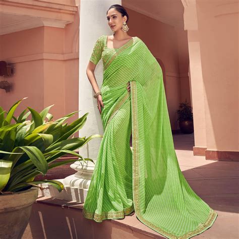 Green Striped Printed Georgette Saree