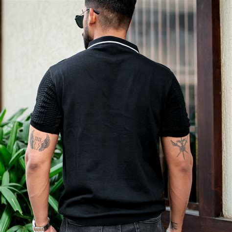 Black Embedded Texture Flat Knit Polo T-Shirt – Gritstones