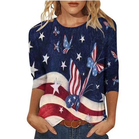 FAVIPT Womens 3/4 Sleeve Tops American Flag Shirts Independence Day ...