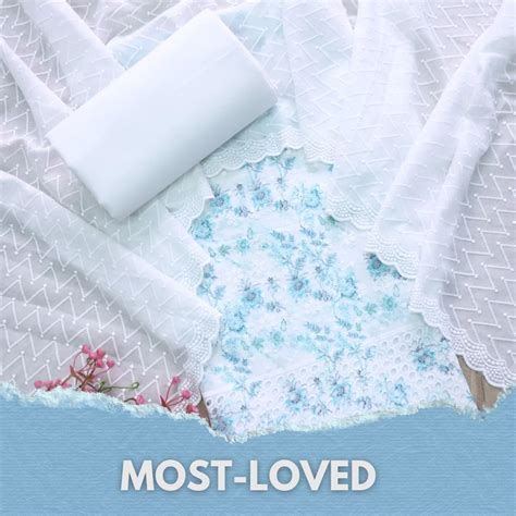 Hamsafar White with Blue Floral Printed Schiffli Work Cotton Suit Set ...