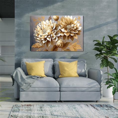 Luxury Gold Floral Canvas Print for Wall Decor - Nature Inspired Large ...