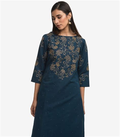 Blue Embroidered Cotton Linen Kurta – Tulsi Online