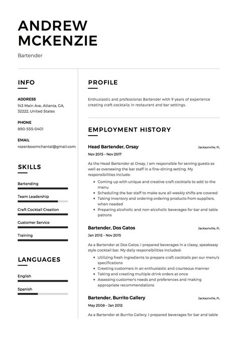 Bartender Job Description Template