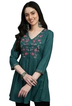 Buy Meesan Women's Embroidered Floral Print V-Neck Green Tunic Top for ...