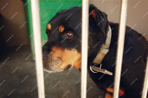 Premium Photo | Cute rotweiler dog in shelter cage with crying eyes sad ...