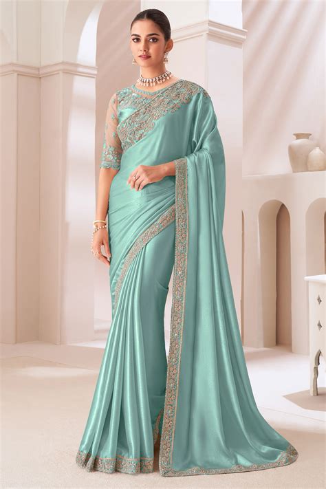 Turquoise Embroidered Border Satin Chiffon Silk Saree With Blouse Piec ...