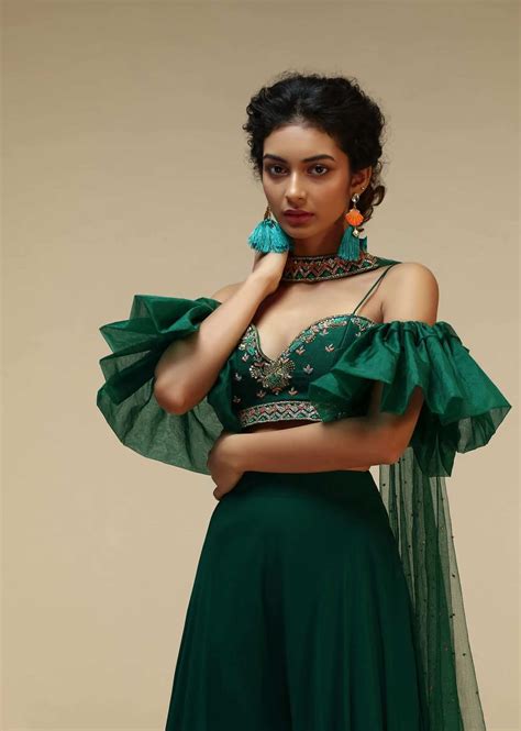 Bottle Green Palazzo Suit With A Cold Shoulder Crop Top Featuring Short ...