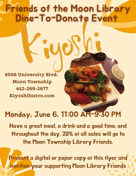 kiyoshi bistro fundraiser – Moon Township Public Library