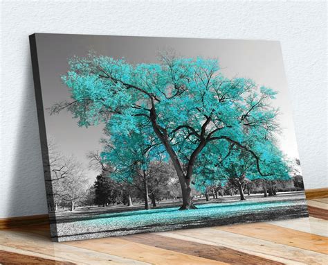 Large Tree Teal Turquoise Leaves Black White Canvas Wall Art Picture ...