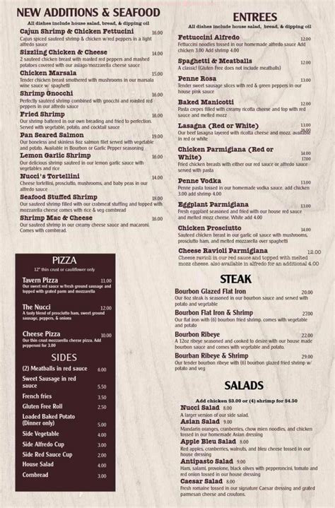 Menu at Nucci's Pasta House pizzeria, Pittsfield