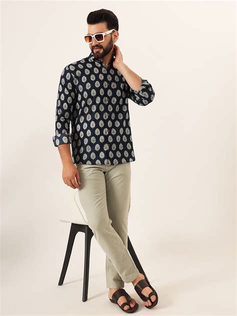 MILLENNIAL MEN Navy Blue Printed Pure Cotton Regular Fit Casual Full S ...