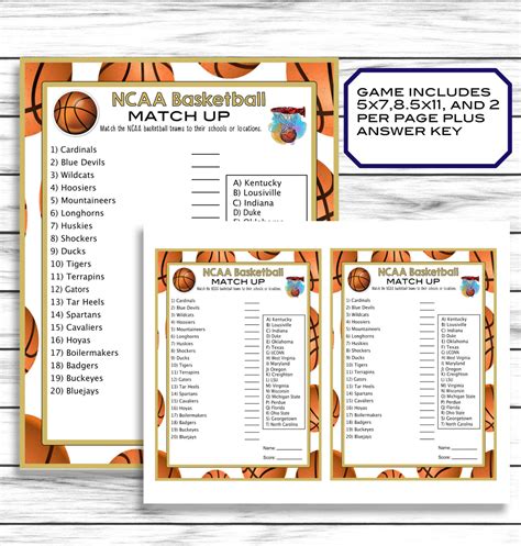 March Madness NCAA Matching Trivia Party Game, College Basketball NCAA ...