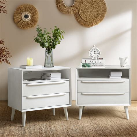 26" Tall 2-drawer White Nightstand Set of 2 with Charging Station ...
