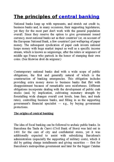 Central Banking Principles and Their Historical Development - Studocu