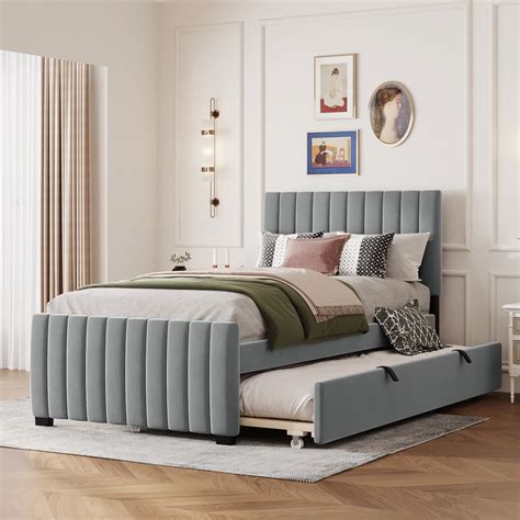 Twin Size Velvet Upholstered Platform Bed with Trundle, Gray Wood Bed ...