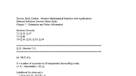 Devore, Berk, Carlton MStat Ch7: Estimation & Fisher Info Solutions ...