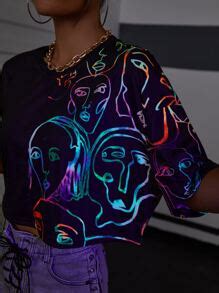 Flirla Reflective Figure Graphic Drop Shoulder Tee | SHEIN USA