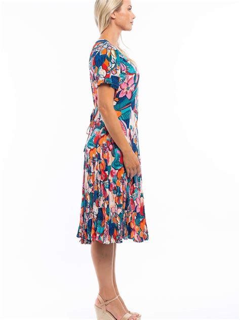 Orientique Borellie Blue & Orange Mix Crinkled Short Sleeve Midi Dress ...