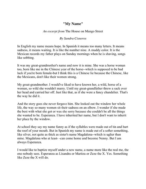 My Name - Sandra Cisneros* - Cassandra Abete | Library | Formative