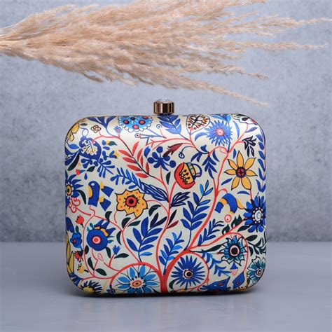 Artklim White Based Blue And Yellow Floral Printed Clutch
