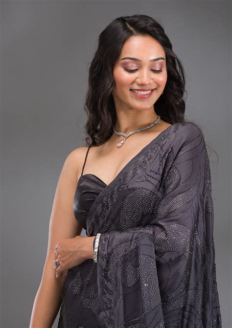 Buy Grey Swarovski Satin Saree - Koskii