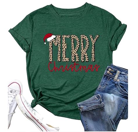 Buy Merry Christmas Tshirt Women Cute Santa Hat Shirt Leopard Letter ...