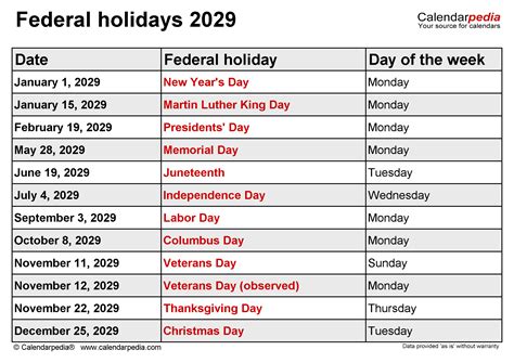 Federal Holidays 2029