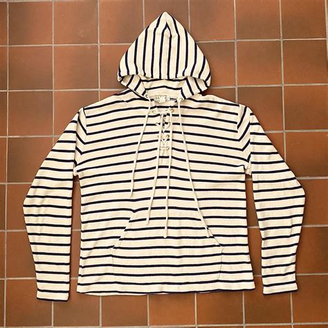 Vintage LL Bean Hoodie. 90s striped cream and navy... - Depop