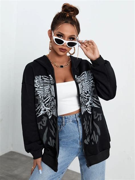 SHEIN MOOSTA Graphic Print Drop Shoulder Zipper Thermal Hoodie | SHEIN USA