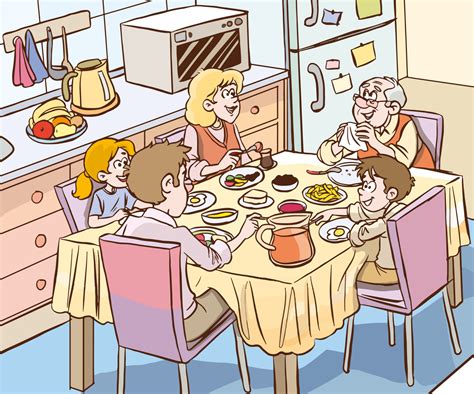 cute happy family are having breakfast together cartoon vector ...