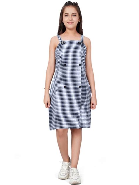 Curly Tales Girls Cotton Checkerd Stylish Dungree Dress Blue K-3801-10 ...