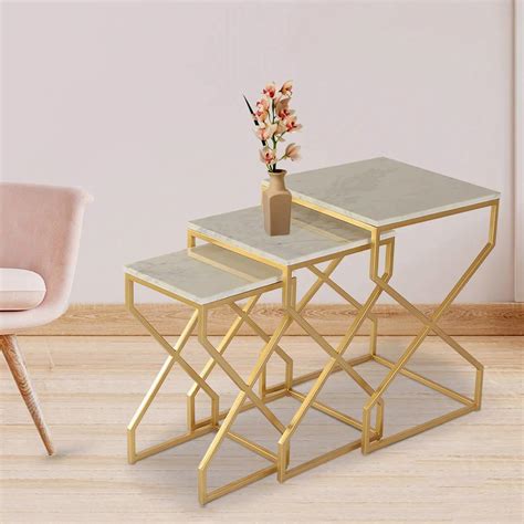 The Attic Cruzz Set of Tables for Living Room|Marble + Iron|White ...