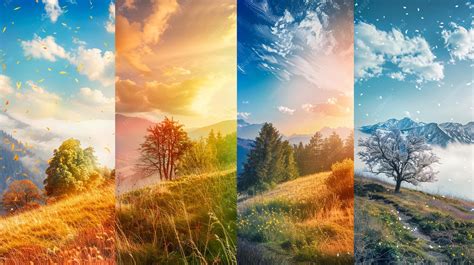 Four seasons collage multiple images of beautiful natural landscapes at different times of the ...