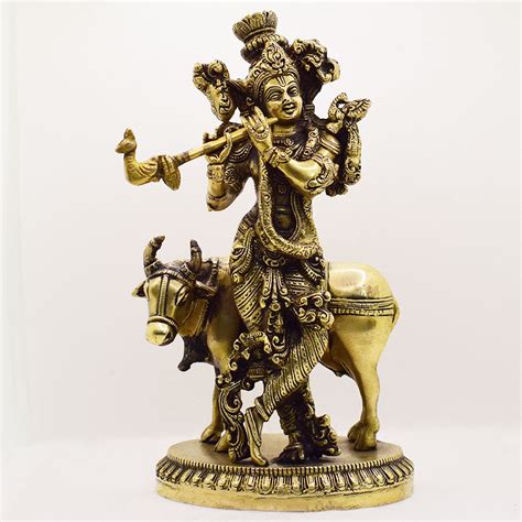BRASS LORD KRISHNA STANDING WITH COW WITH ANTIQUE FINISH – Exotyq
