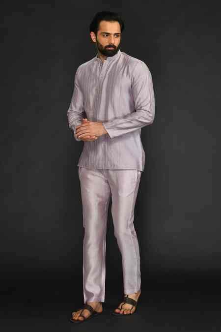Buy Purple Viscose Silk Embroidered Thread Work Short Kurta For Men by ...