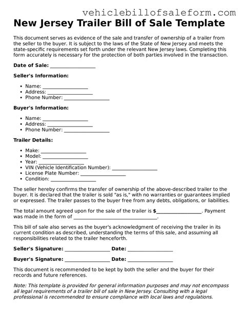 Access New Jersey Trailer Bill of Sale Template ≡ Motor Vehicle Bill of ...