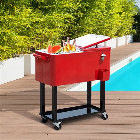 Tbboys 80-Quart Outdoor Steel Rolling Cooler Cart w/Ice Chest, Bottle ...