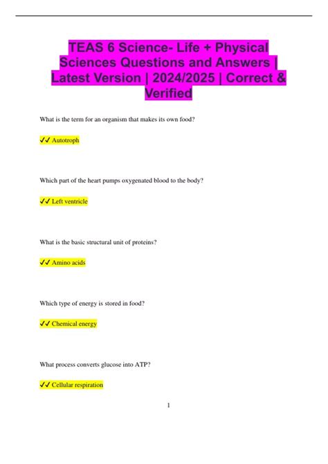 TEAS 6 Science- Life + Physical Sciences Questions and Answers | Latest ...