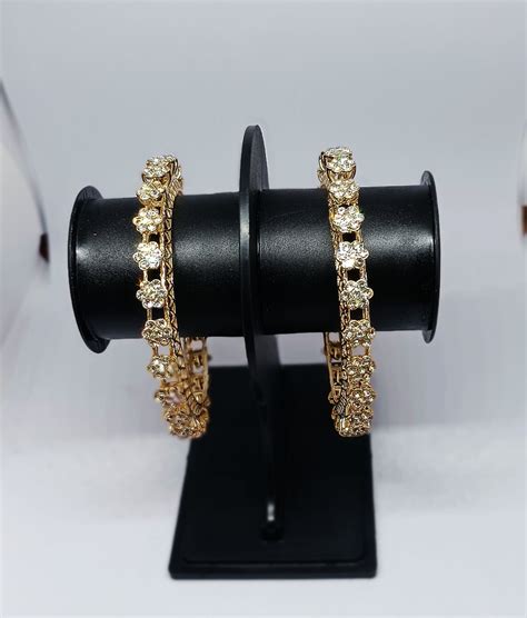Set of 2 Gold Finish Floral Designer Bangles Set with Crystal Detailin