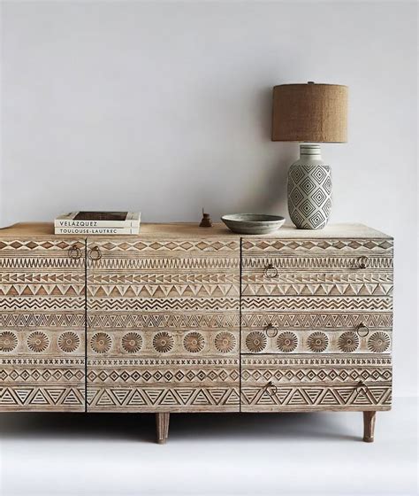 Siona Whitewashed Rustic Console Table with Hand-Carved 3 Doors ...