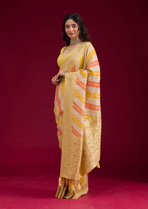 Buy Yellow Plain Georgette Saree - Koskii