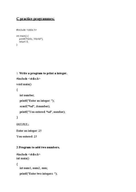 C Practice Programs: Simple Examples and Outputs - Studocu