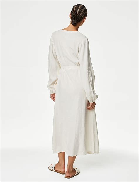 Buy Linen Rich Embroidered Midi Shirt Dress at Marks & Spencer