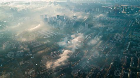 Aerial view of urban sprawl with a visible layer of smog blanketing the entire city, showing the ...