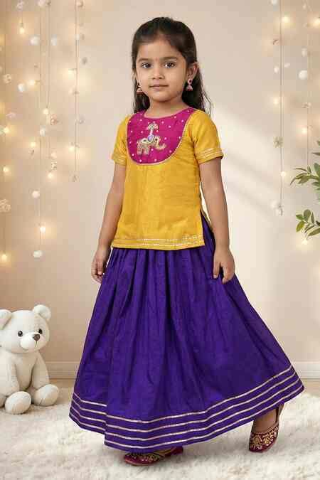 Buy Yellow Silk Embroidery Yoke Top With Lehenga For Girls by JILMIL ...