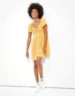 Buy American Eagle Women Yellow Ruched Flutter-Sleeve Mini Dress Online