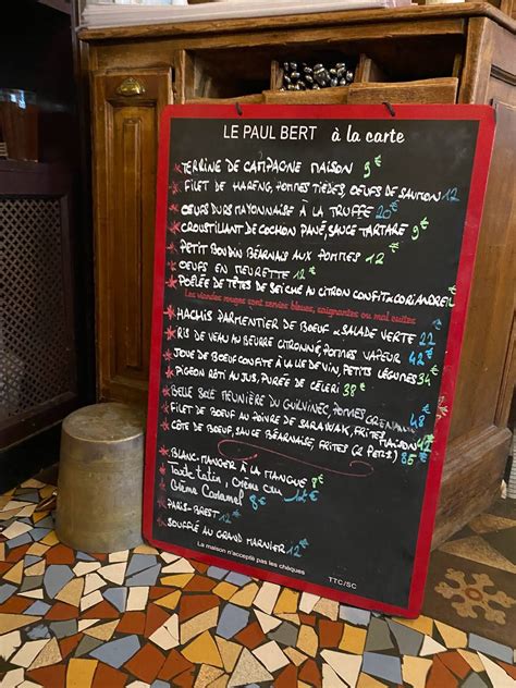 Menu at Bistrot Paul Bert restaurant, Paris